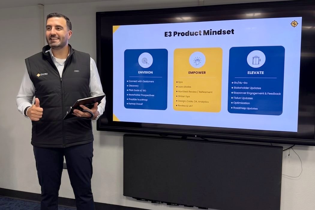 Jason Abdo presenting the E3 Product Mindset to a product team